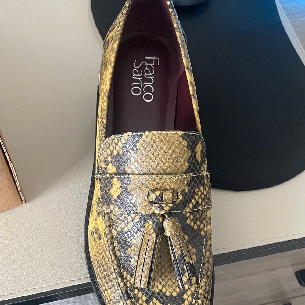 Franco Sarto women’s  Yellow and Black Snake Loafers